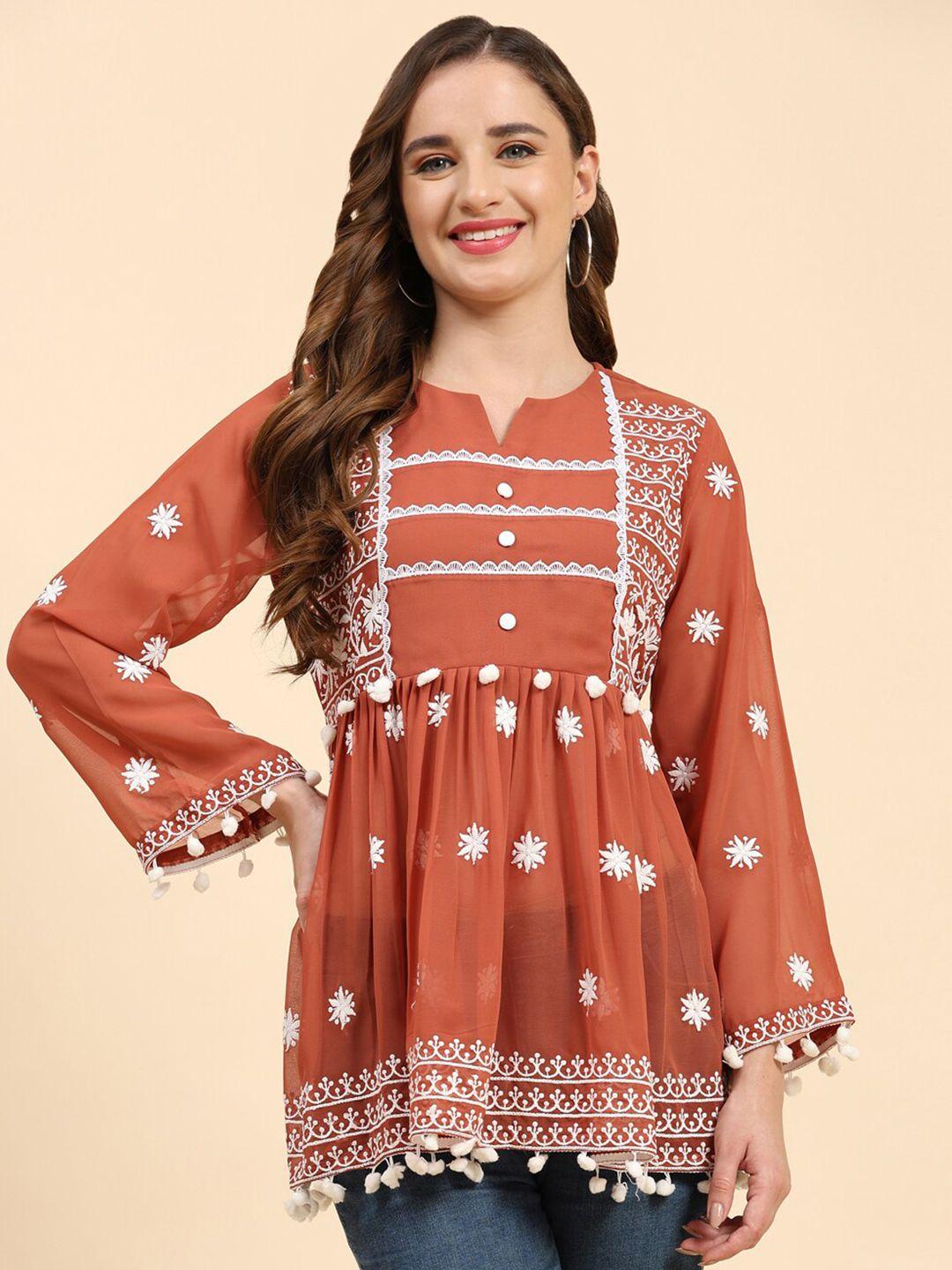 growish coffee brown embroidered georgette top