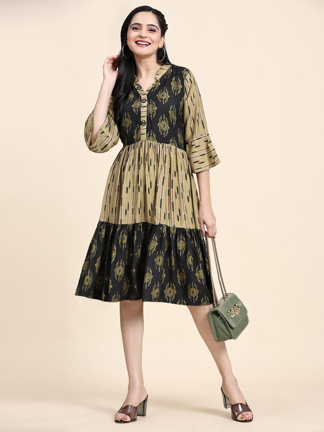 growish ethnic motifs printed cotton fit & flare dress