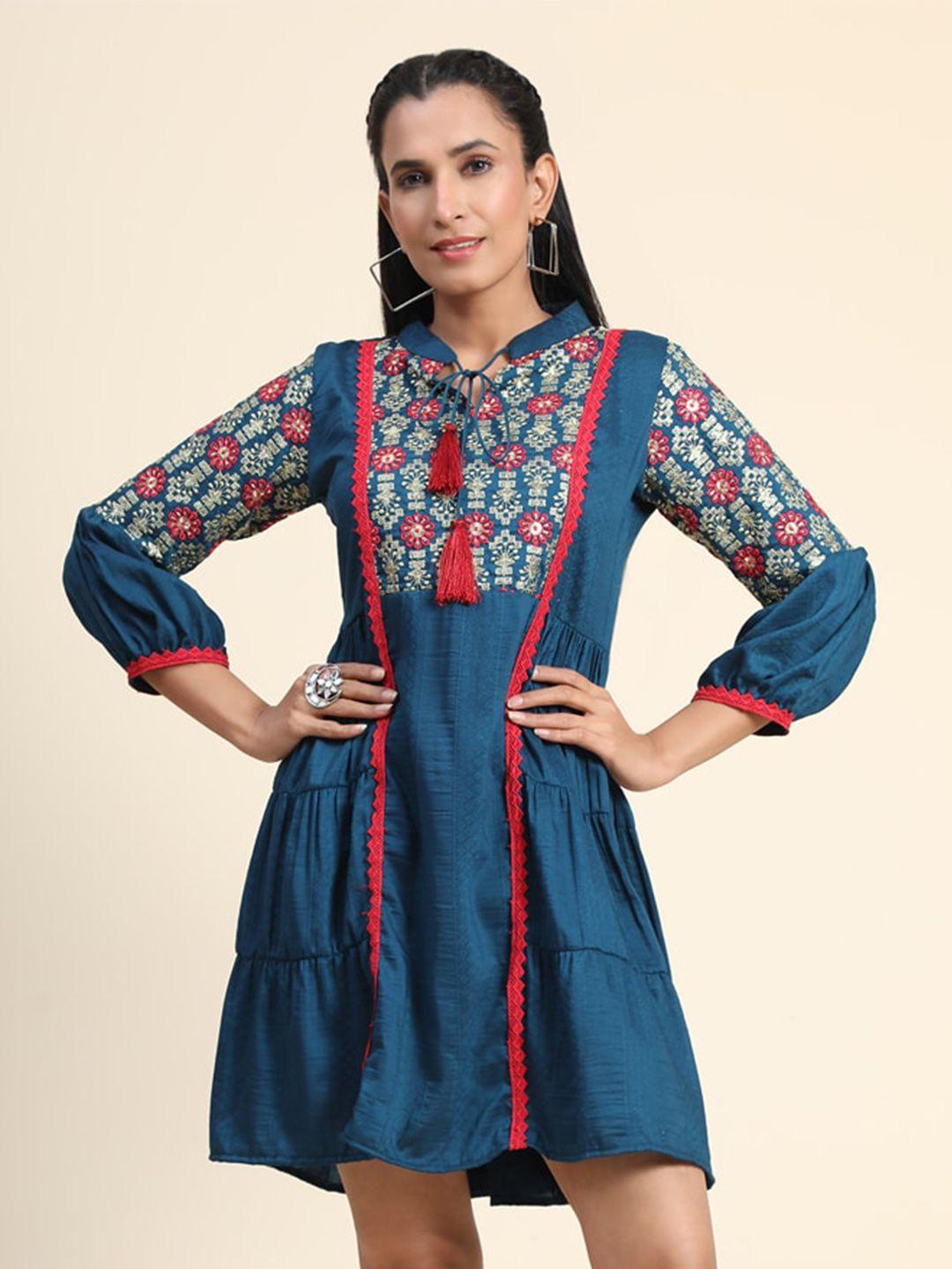 growish floral embroidered tie up neck cotton a-line dress