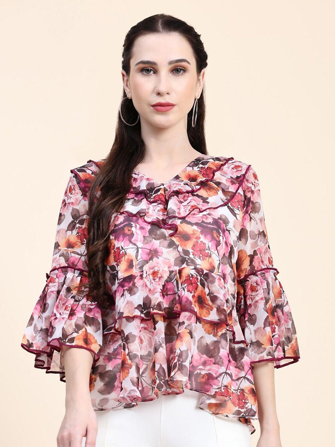 growish floral printed bell sleeve ruffles a-line cotton top