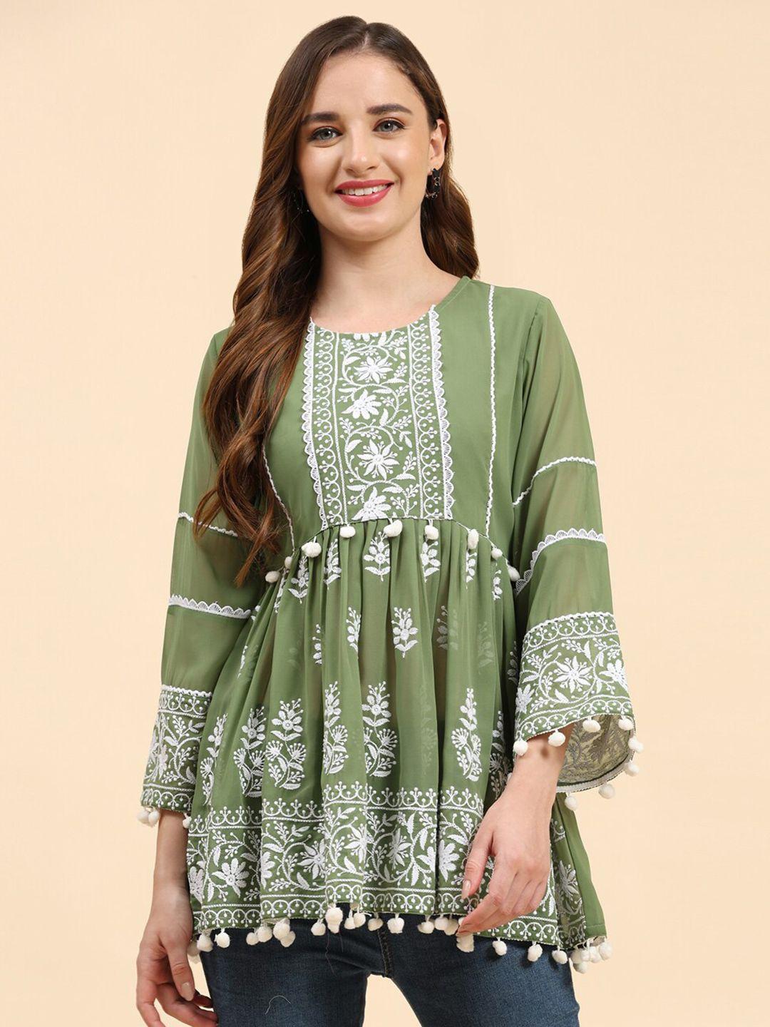 growish green embroidered georgette top
