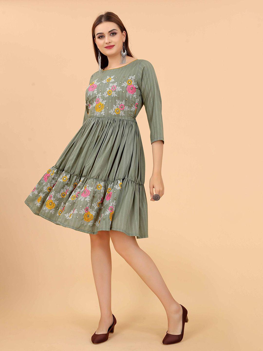 growish green floral print fit & flare dress
