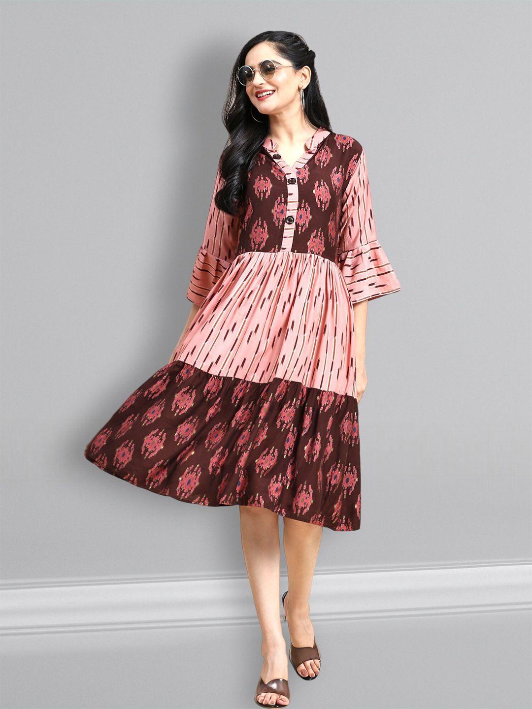 growish pink ethnic motifs print tie-up neck bell sleeve fit & flare midi dress
