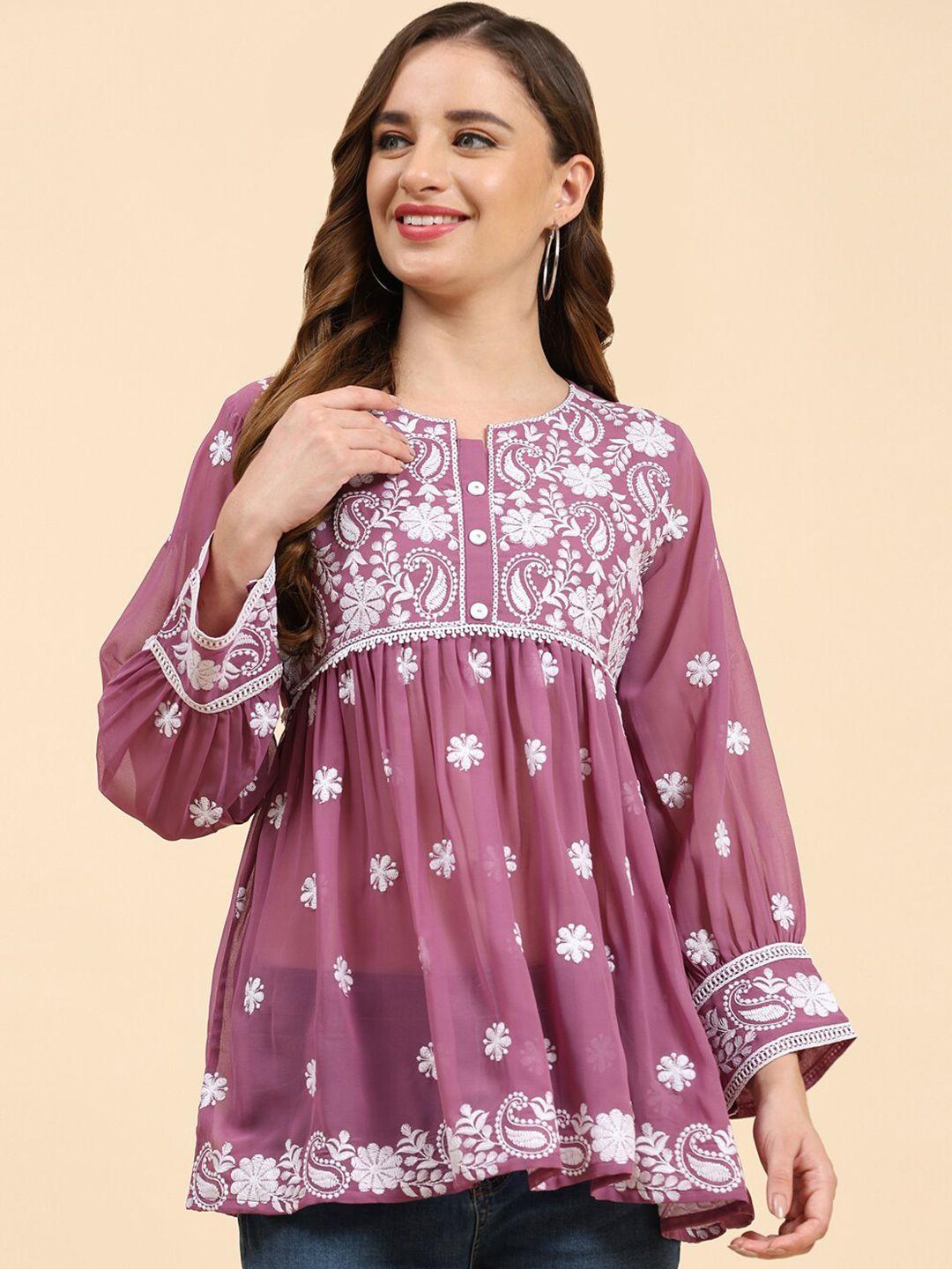 growish purple embroidered georgette top