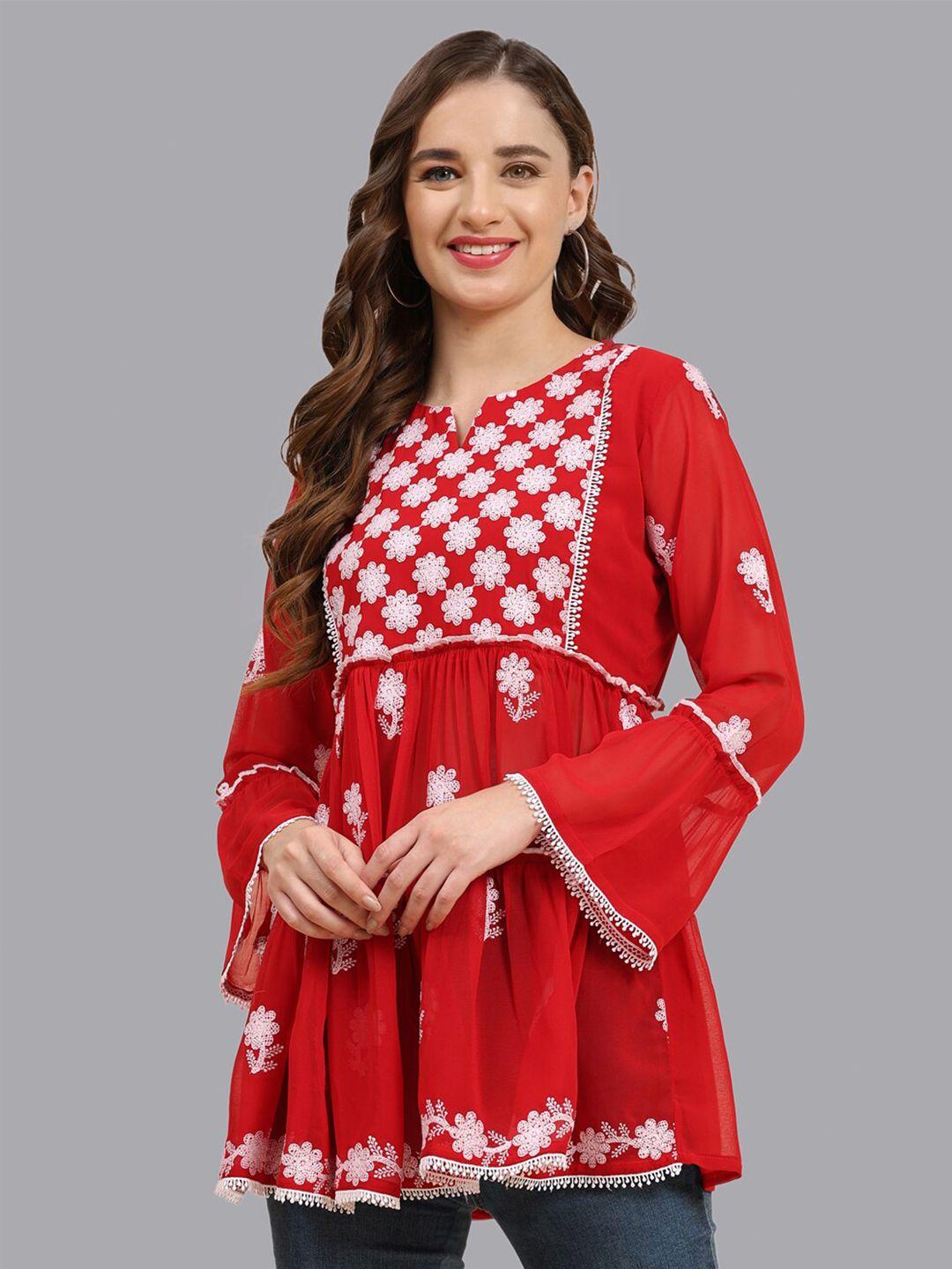 growish red embroidered georgette top