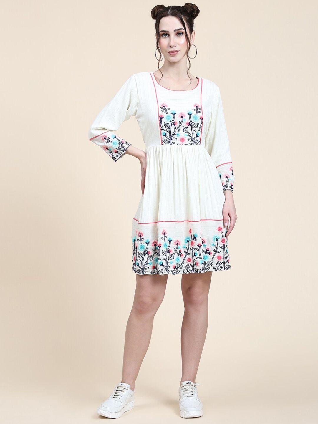 growish white floral print puff sleeve fit & flare dress