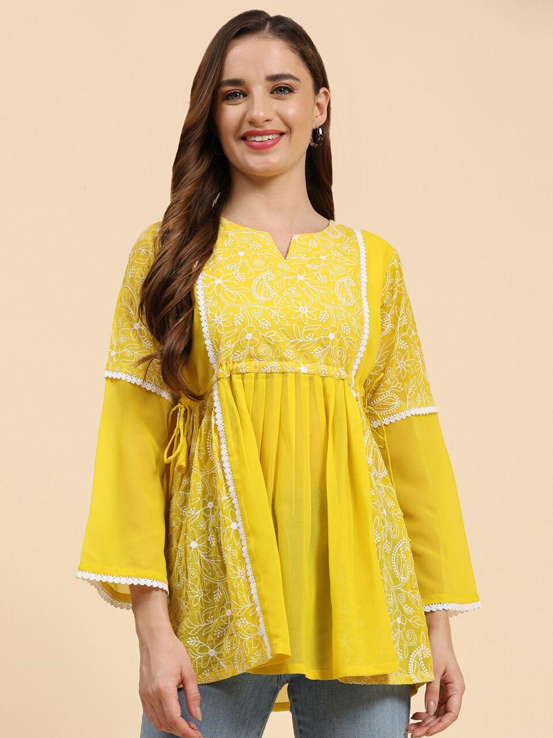 growish yellow embroidered georgette top