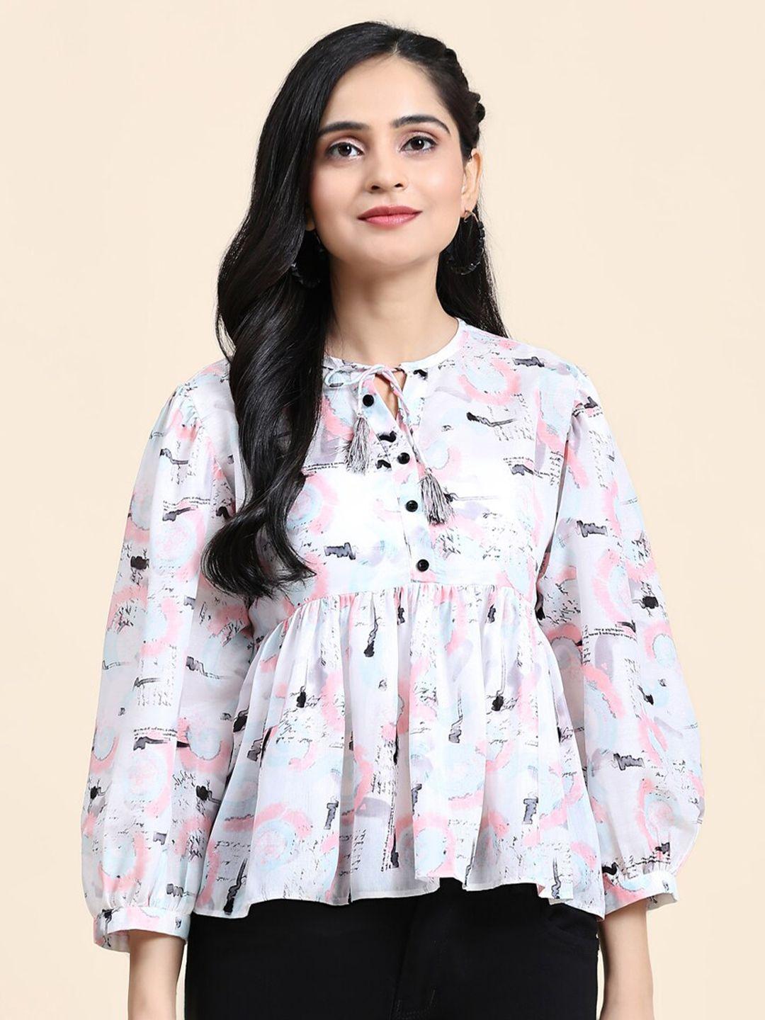 growish abstract printed tie up neck puffed sleeves cotton top