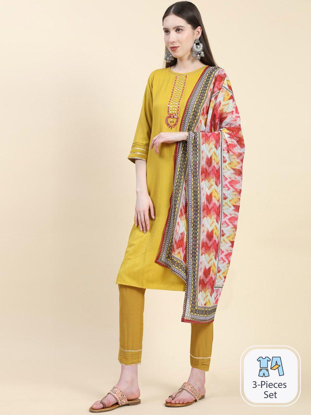 growish ethnic motifs embroidered mirror work kurta with trousers & dupatta