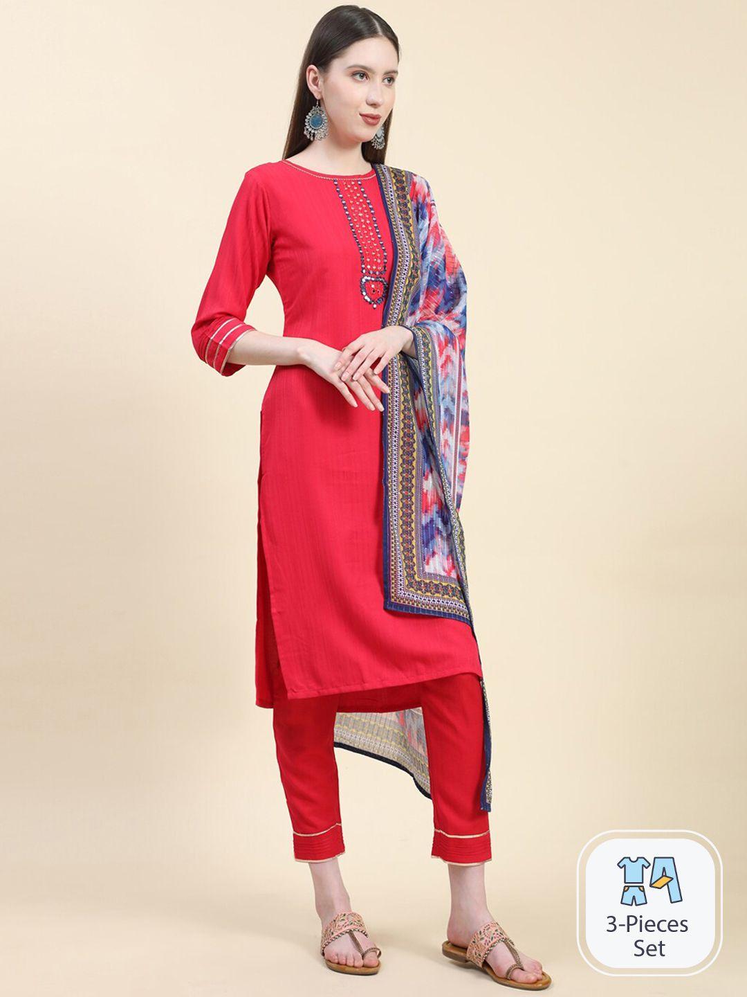 growish ethnic motifs embroidered mirror work kurta with trousers & dupatta