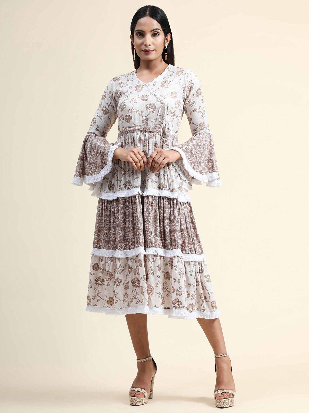 growish ethnic motifs print bell sleeve fit & flare midi dress
