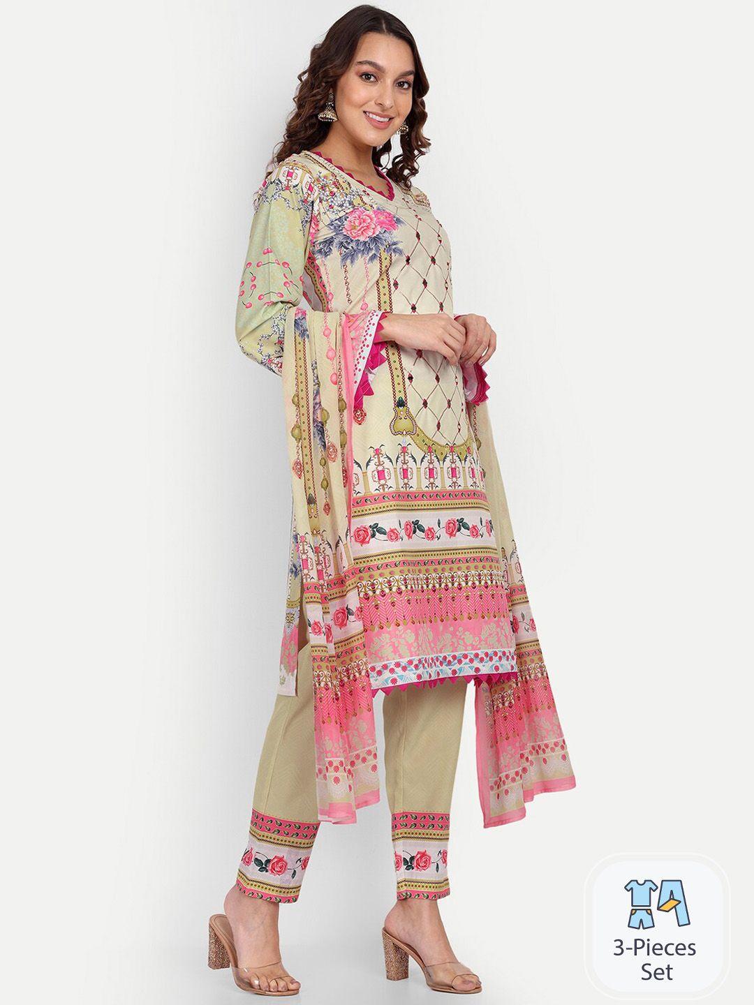 growish ethnic motifs printed mirror work detail straight kurta & trousers with dupatta