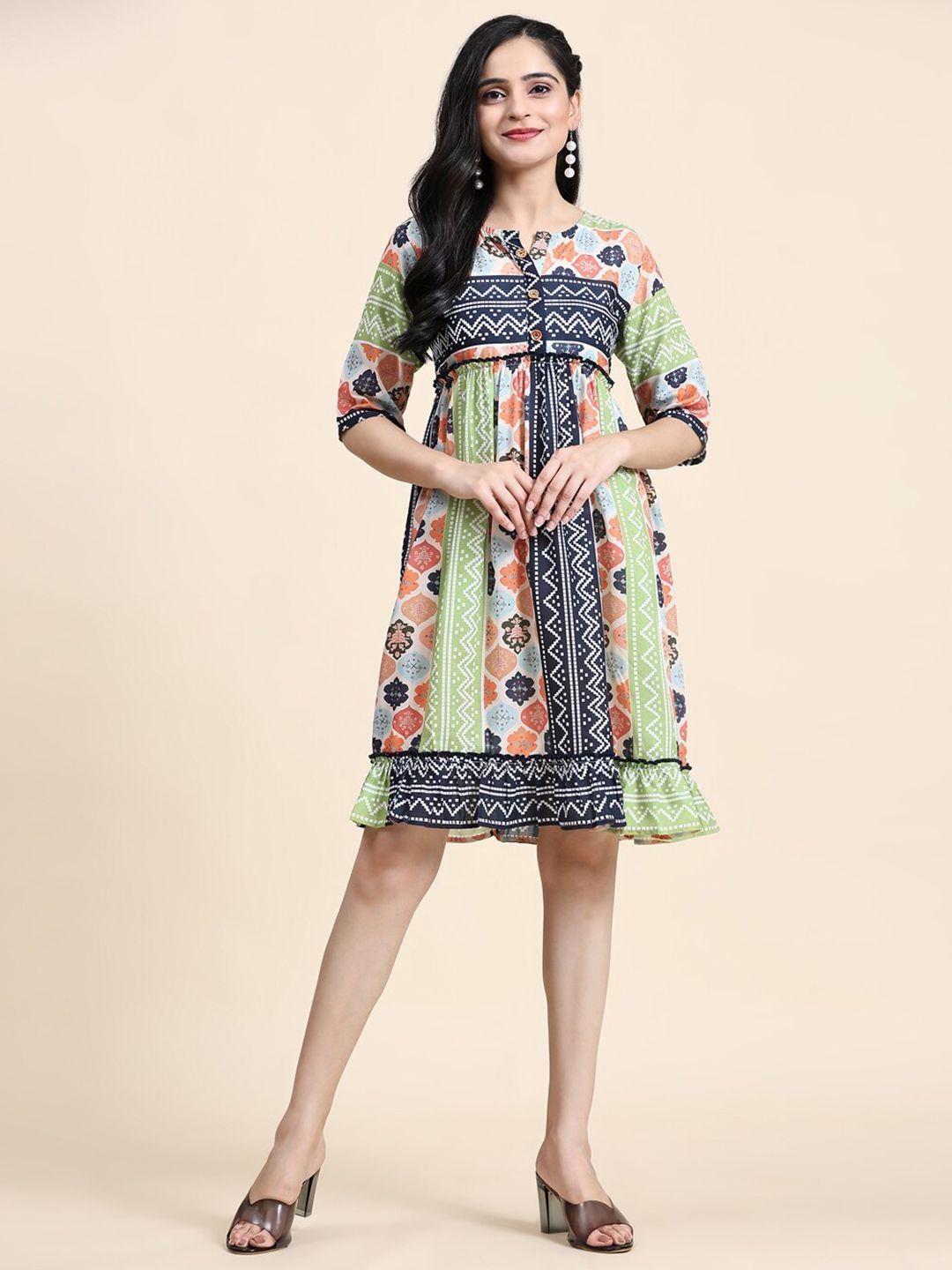 growish ethnic motifs printed round neck a-line dress
