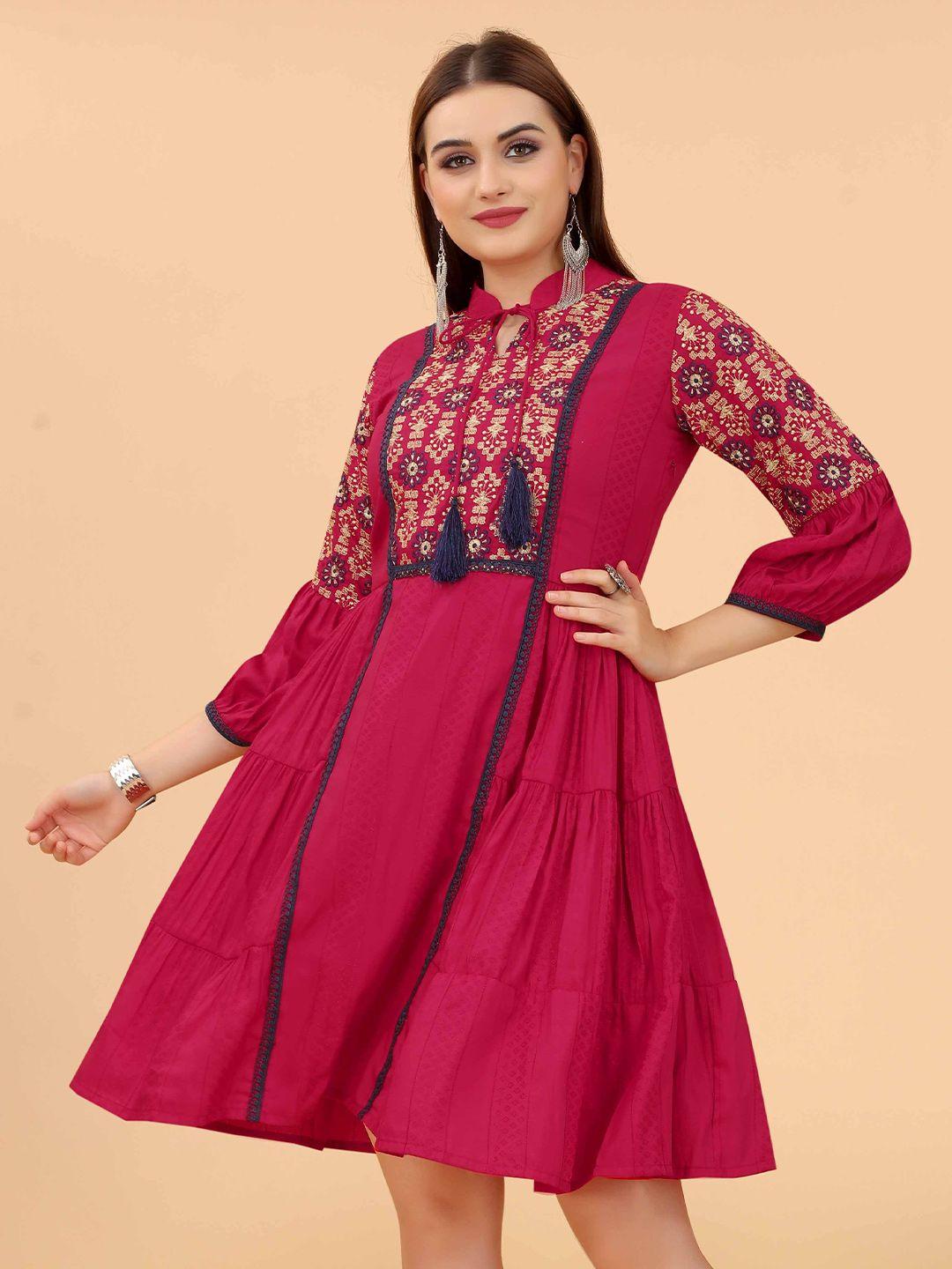 growish ethnic motifs printed tie up neck cotton fit & flare dress