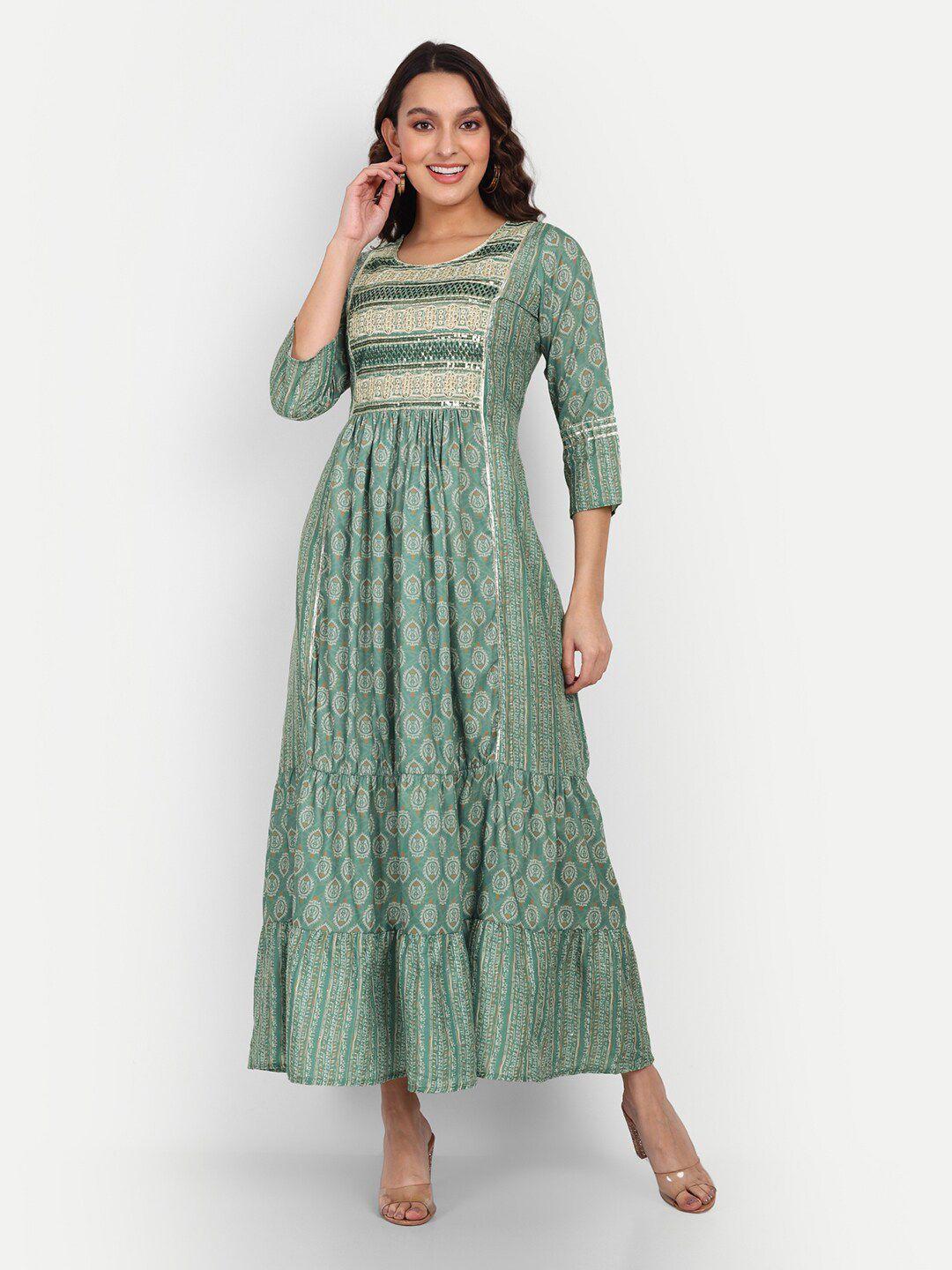 growish ethnic motifs round neck pleated fit &flare gotta patti cotton midi ethnic dress