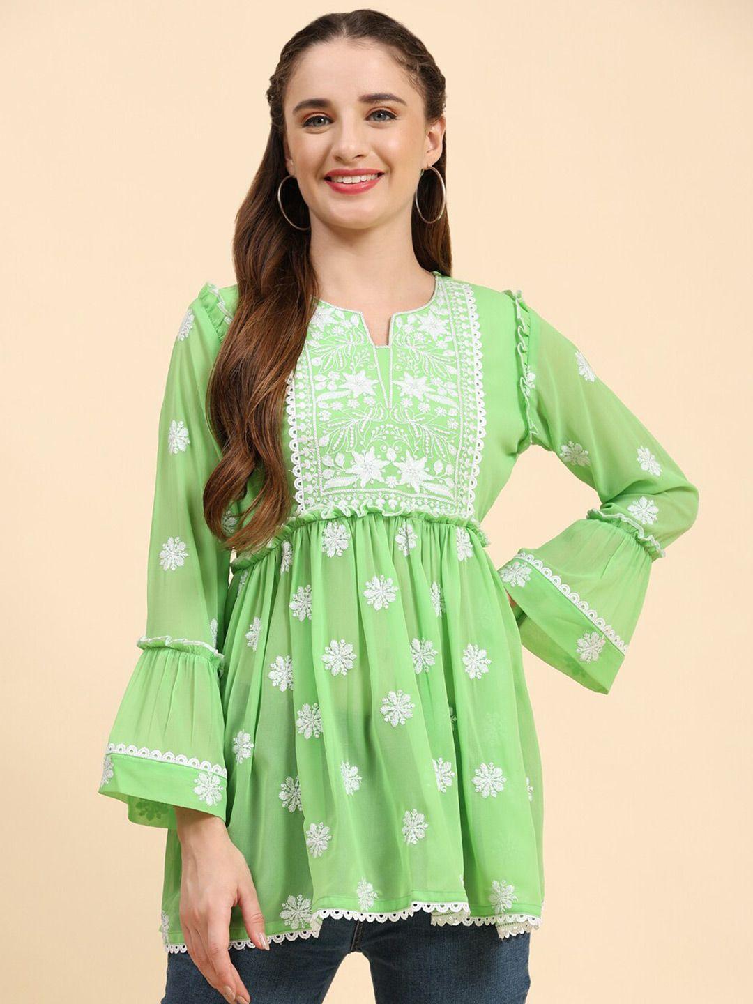 growish floral embroidered bell sleeves kurti