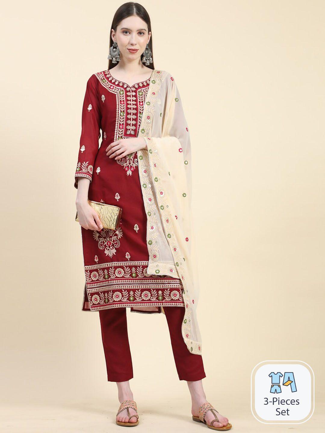 growish floral embroidered kurta & trousers with dupatta