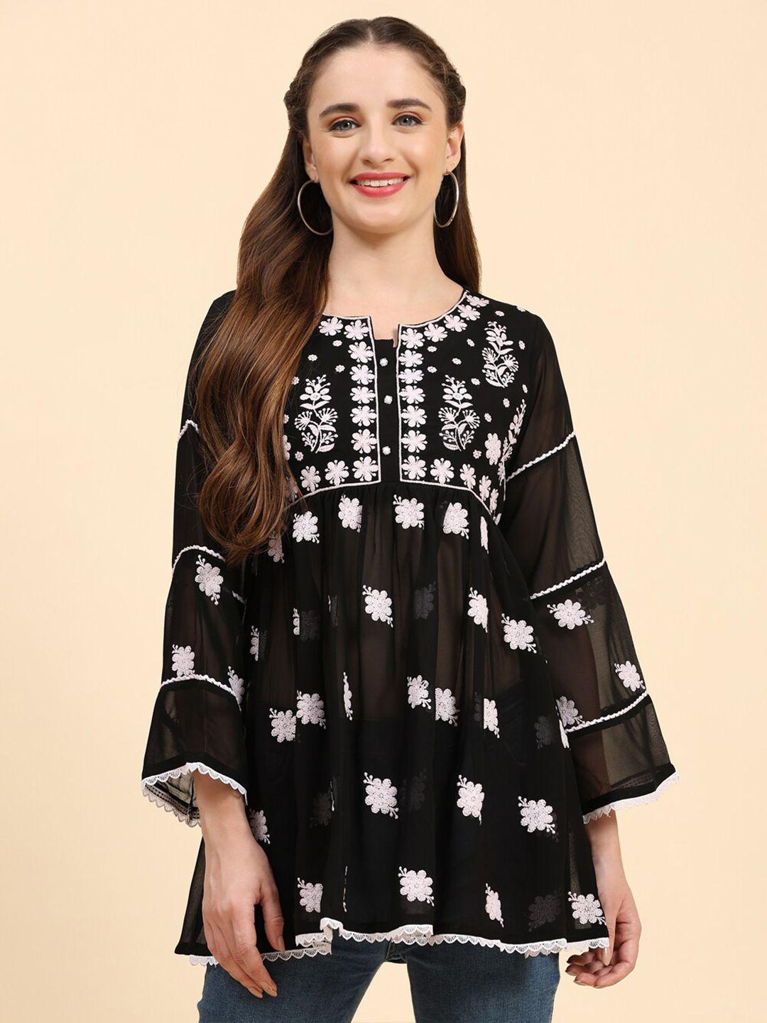 growish floral embroidered notched neck pleated a-line kurti