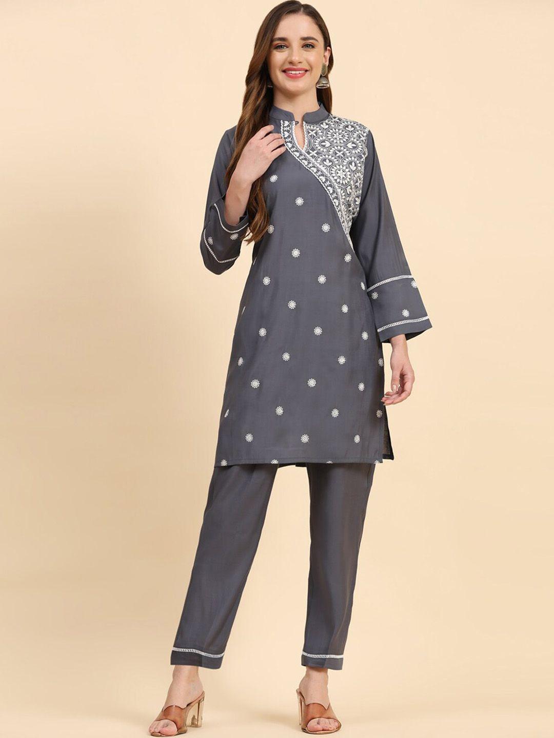 growish floral embroidered regular kurta with trousers