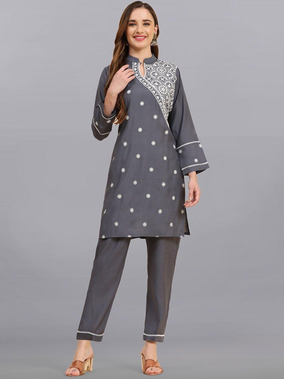 growish floral embroidered regular straight kurta with trousers