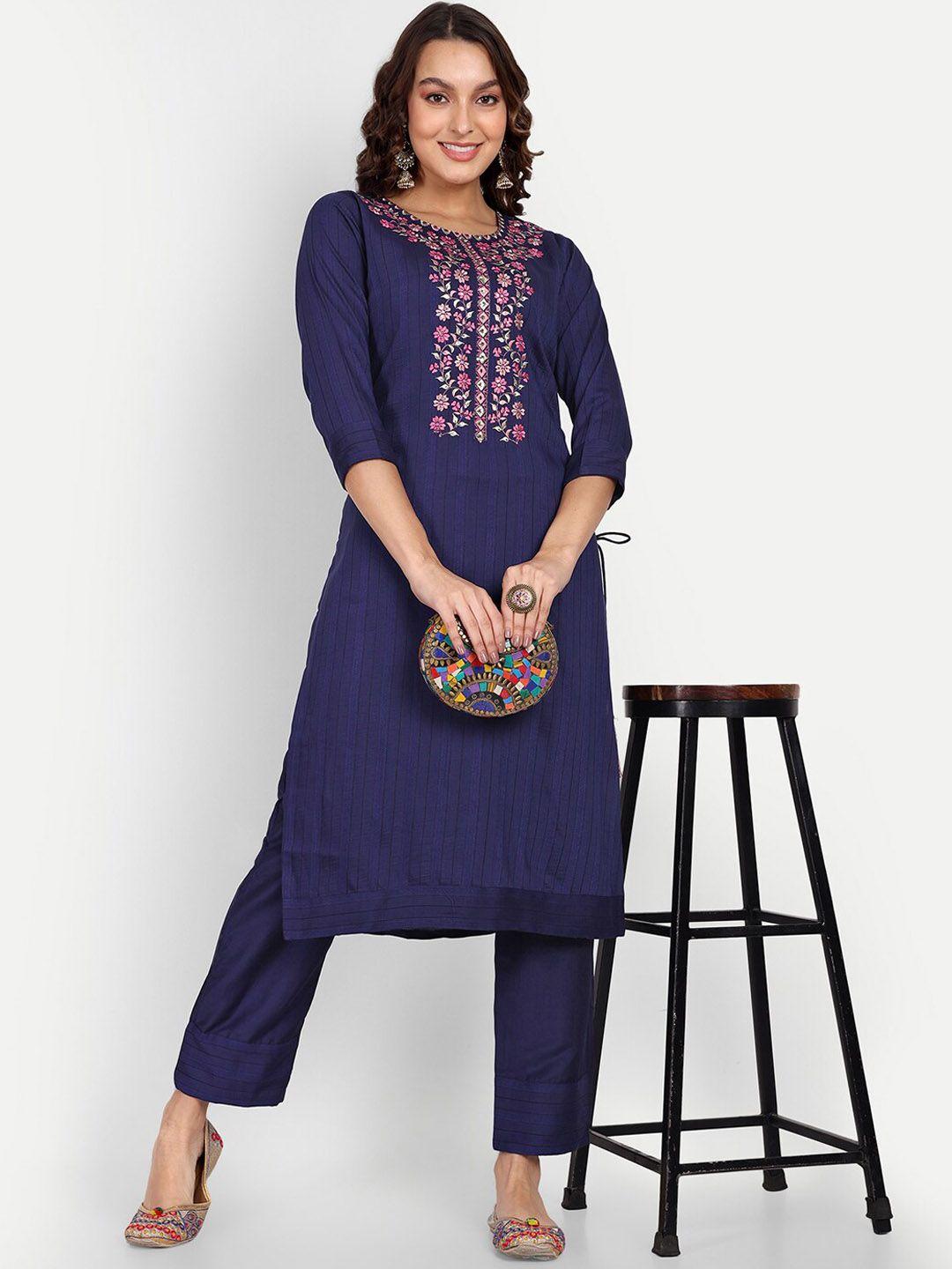 growish floral embroidered regular thread work kurta with trousers