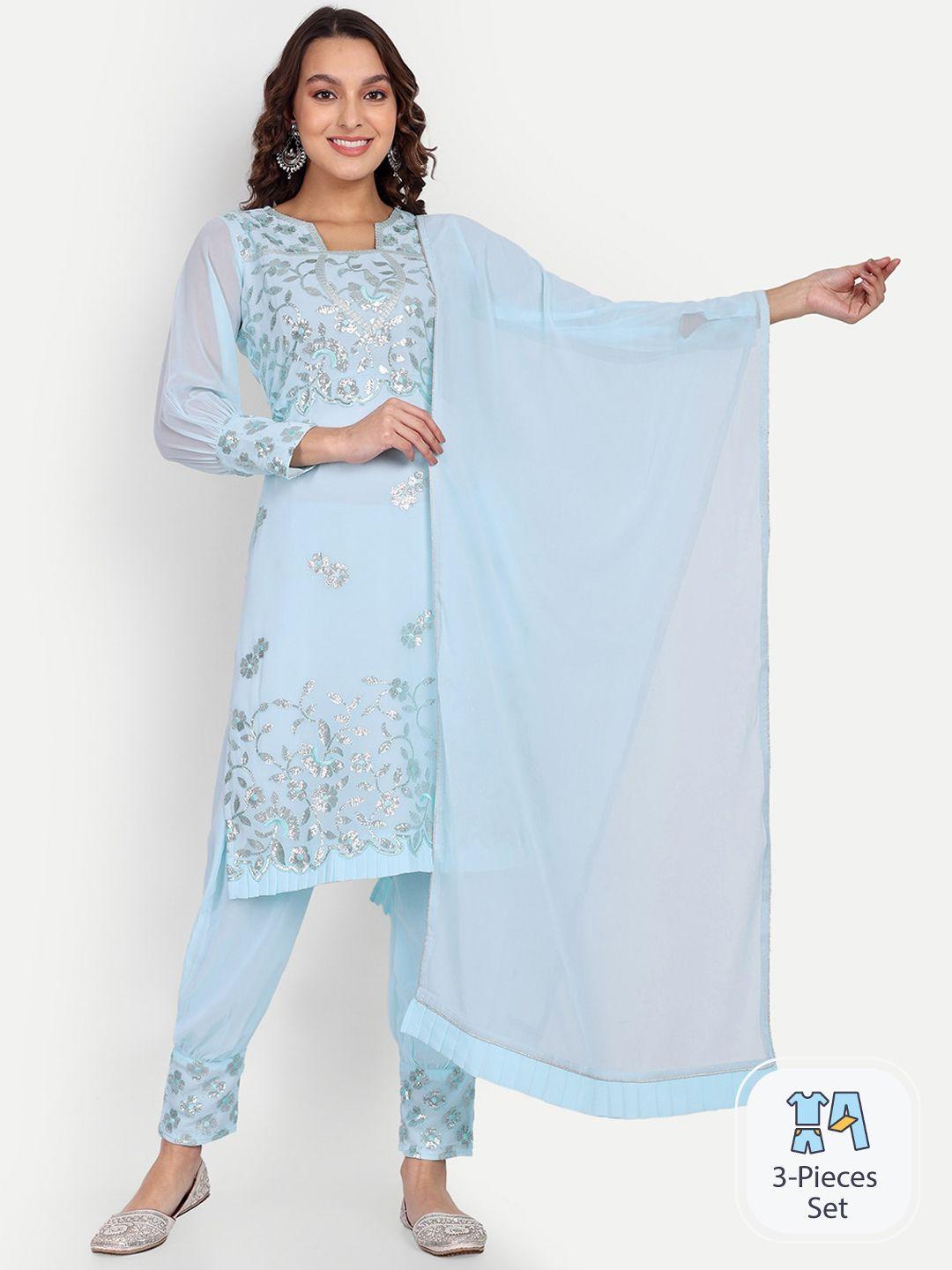 growish floral embroidered sequinned straight kurta & trousers with dupatta