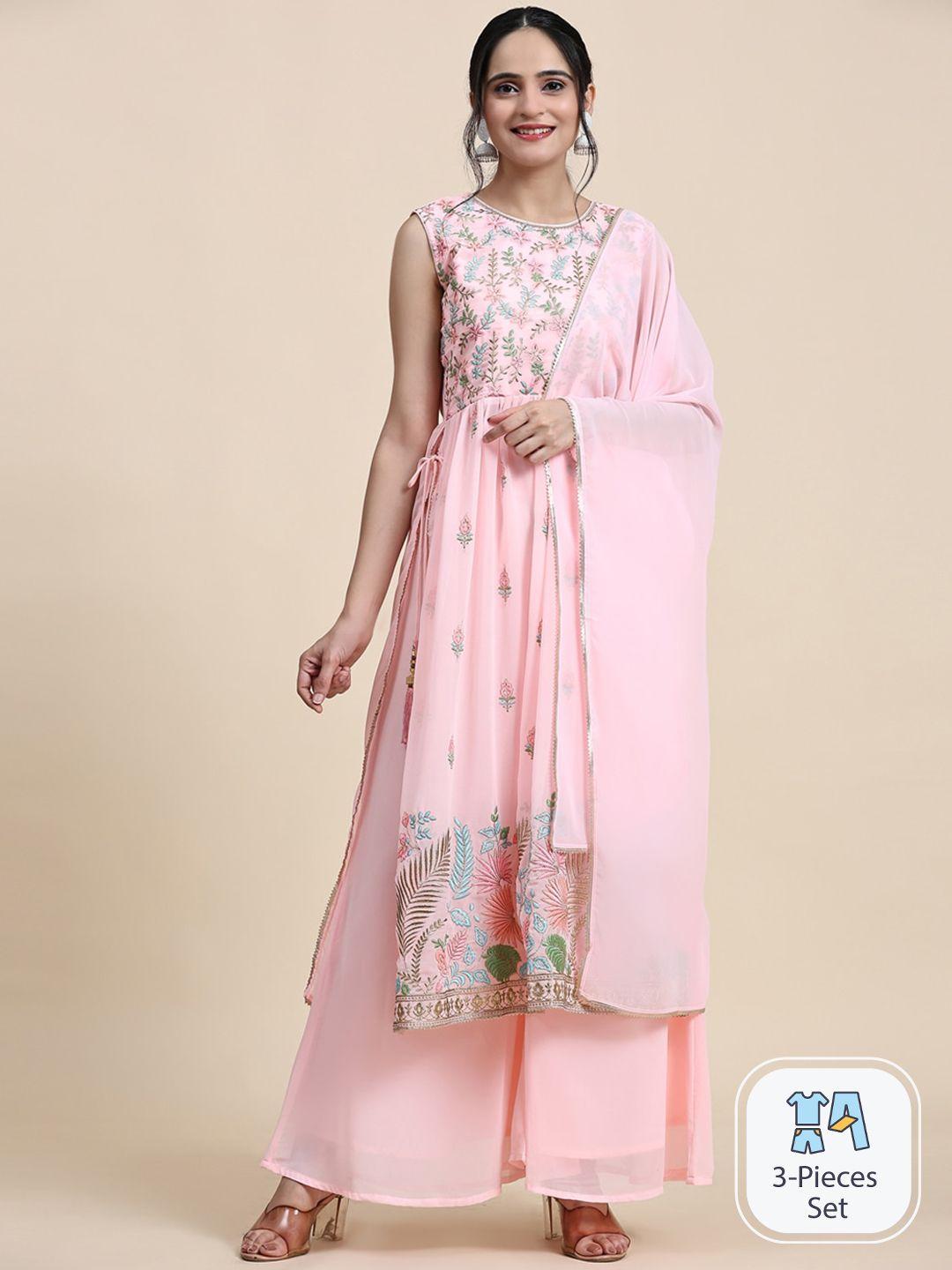 growish floral embroidered straight kurta & palazzos with dupatta