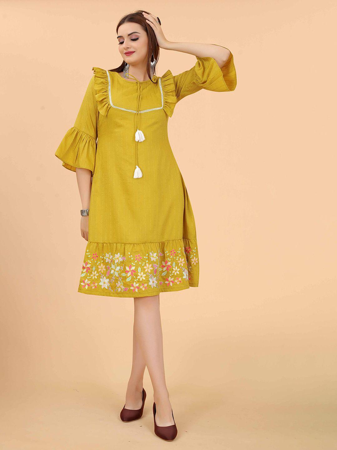 growish floral print bell sleeve a-line dress