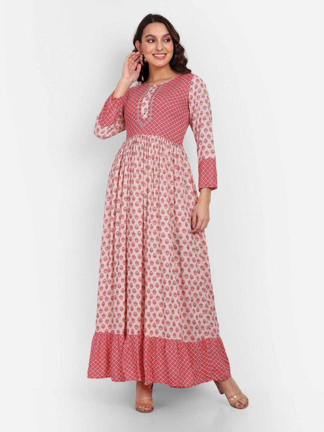 growish floral print round neck pleated fit &flare cotton midi ethnic dress