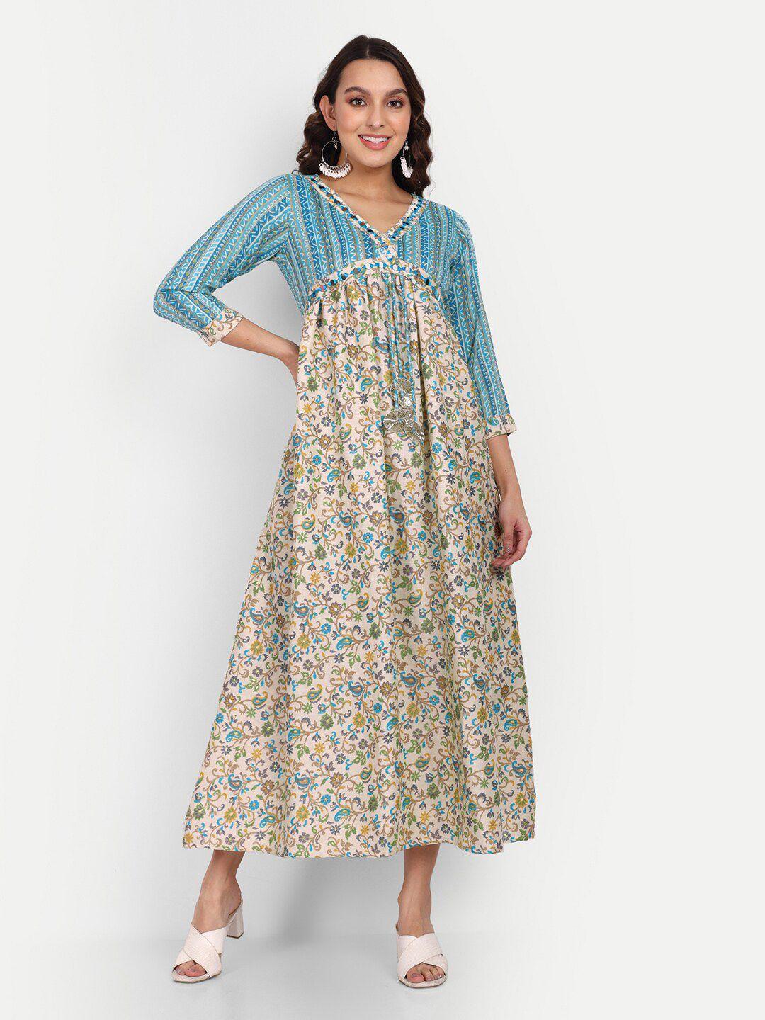 growish floral print v-neck empire pleated cotton midi ethnic dress