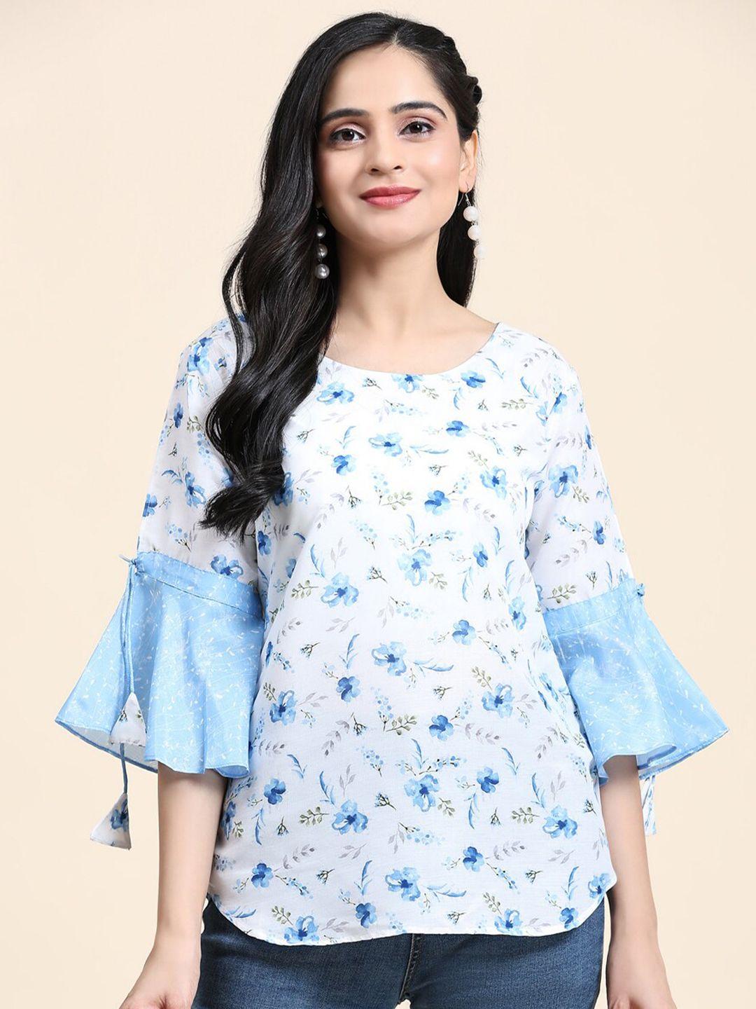 growish floral printed bell sleeve cotton top