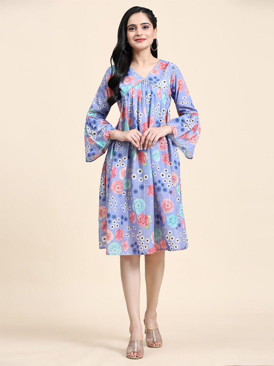 growish floral printed bell sleeves a-line dress