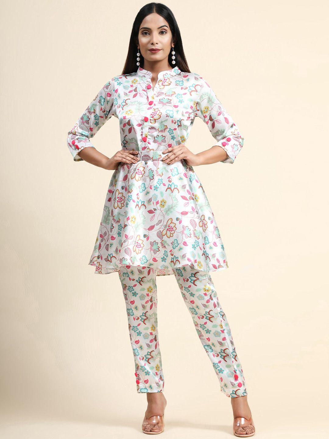 growish floral printed mandarin collar a-line kurta with trouser