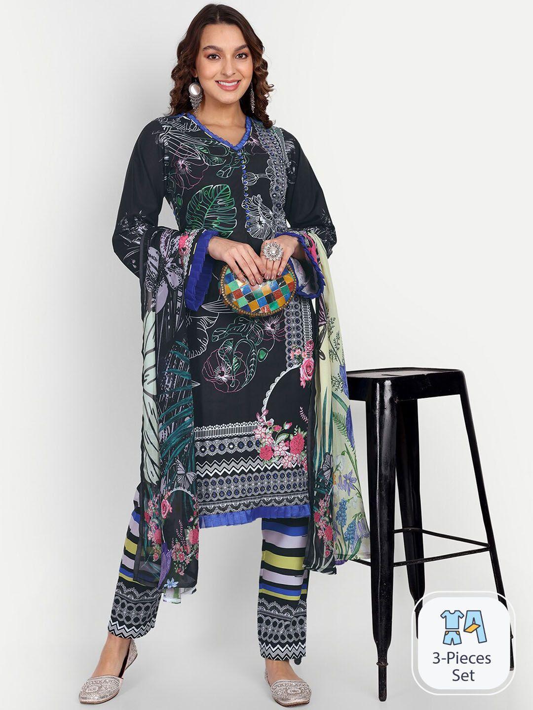 growish floral printed mirror work pure cotton straight kurta &trousers with dupatta