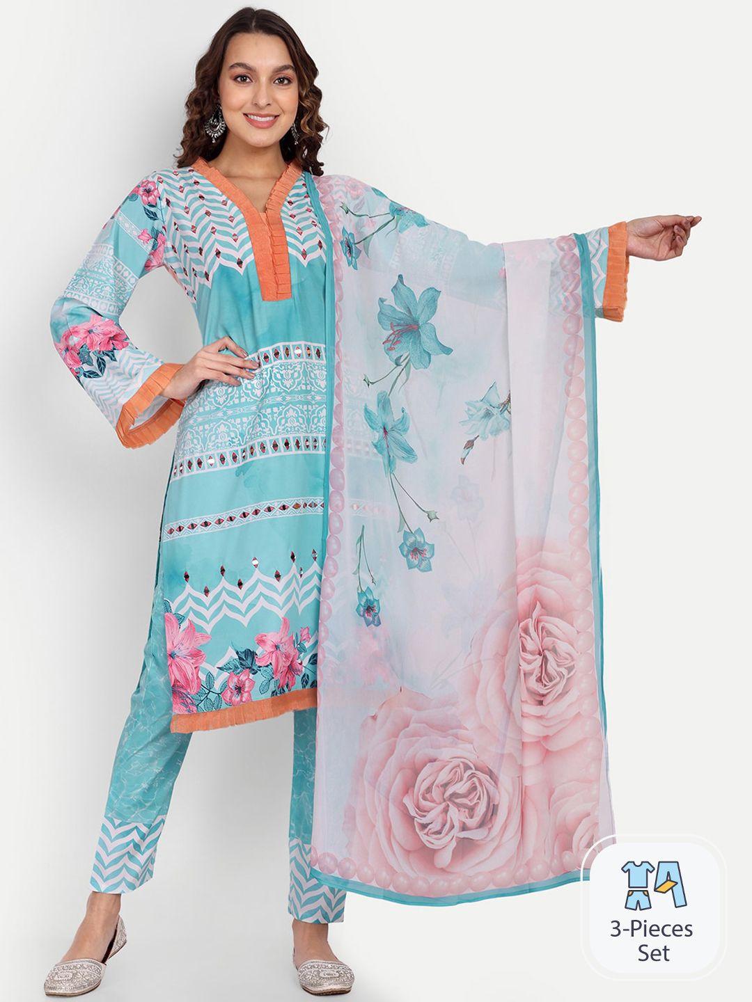 growish floral printed mirror work silk chiffon kurta with trousers & dupatta