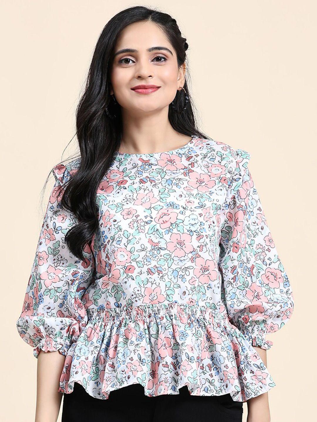 growish floral printed puffed sleeves cotton peplum top