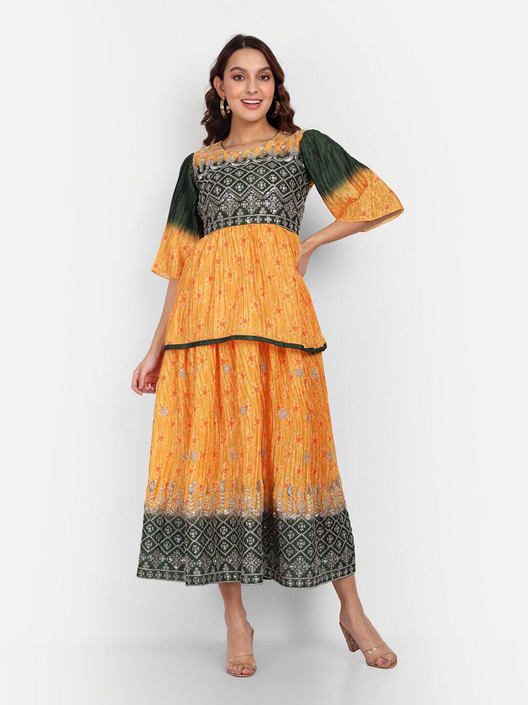 growish floral printed round neck flared sleeve fit&flare layered midi ethnic dress