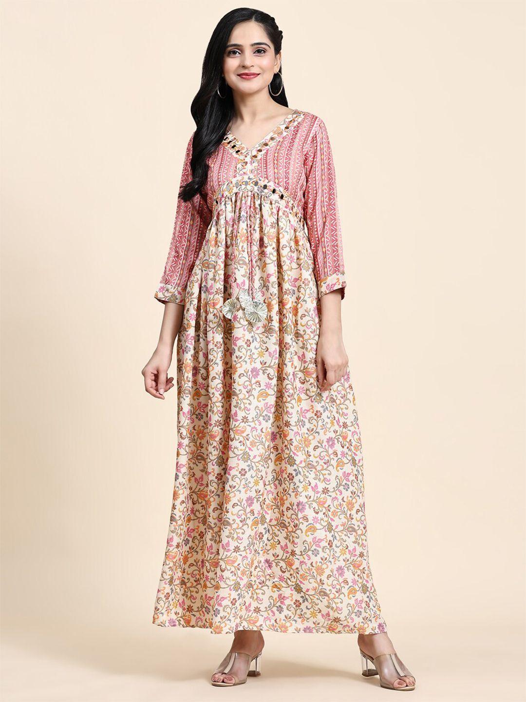 growish floral printed v-neck pleated cotton maxi empire dress