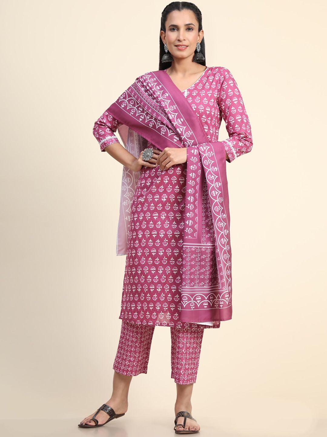 growish floral printed v-neck straight kurta with trousers & dupatta