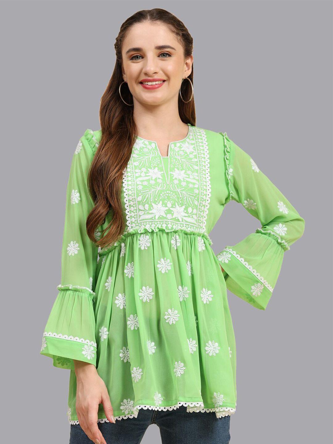 growish green embroidered georgette top