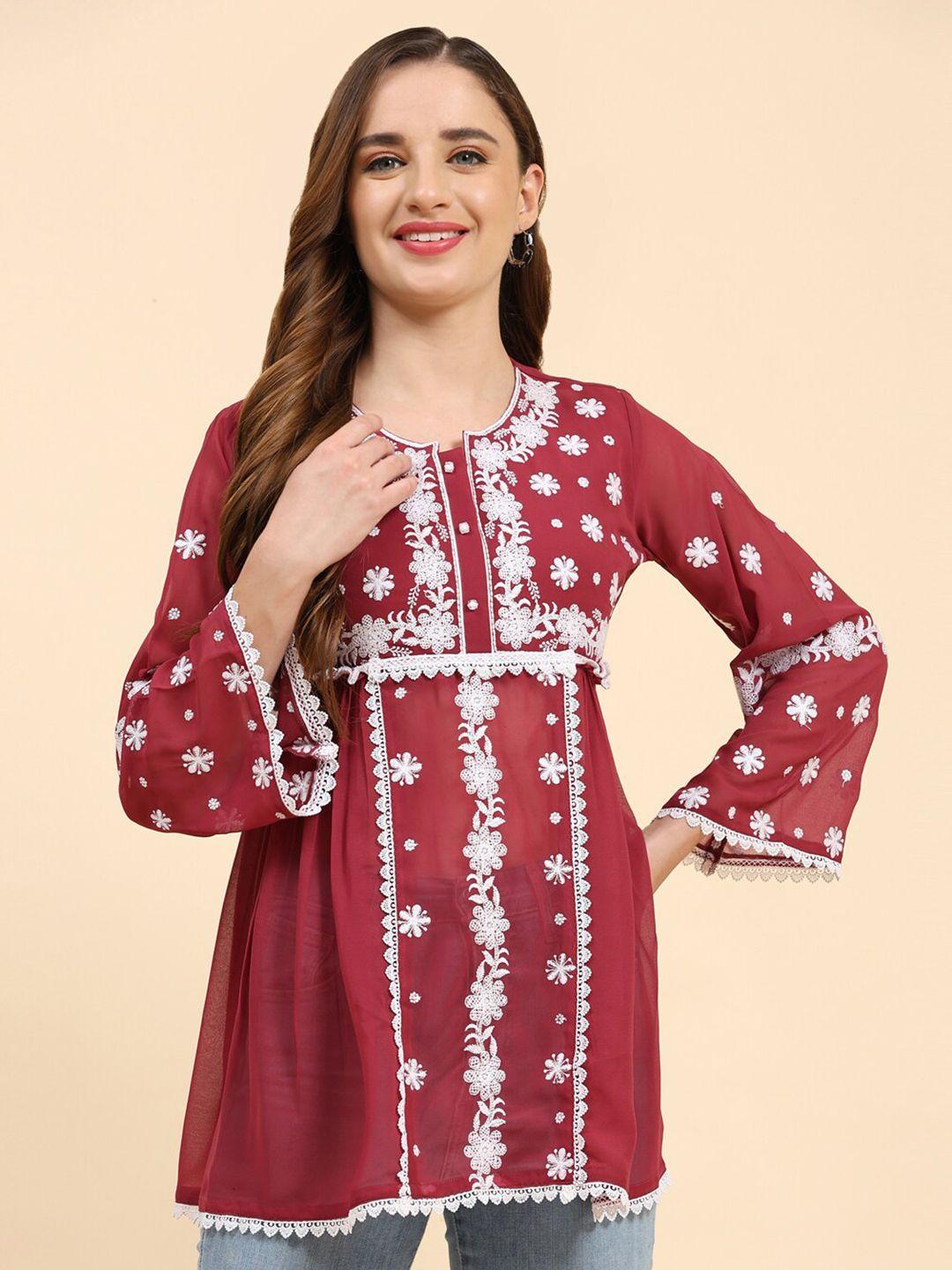 growish maroon embroidered georgette top