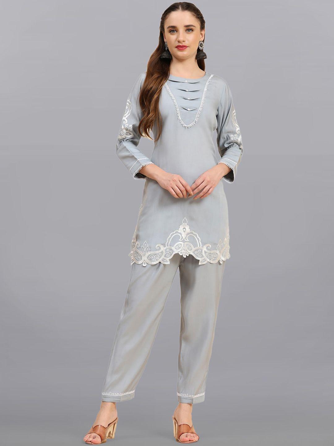 growish paisley embroidered regular straight kurti with trousers