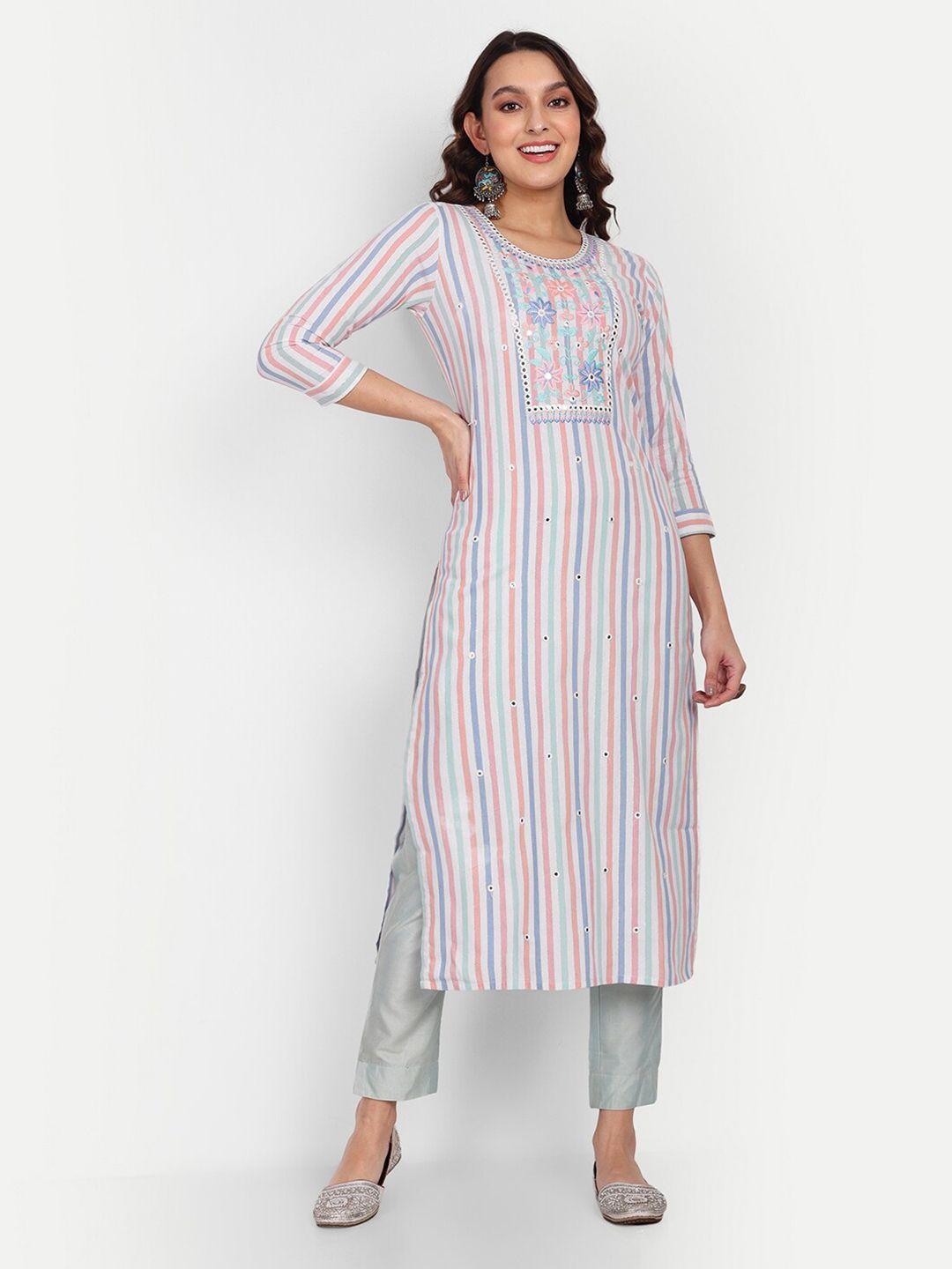 growish striped mirror work detail cotton straight kurta