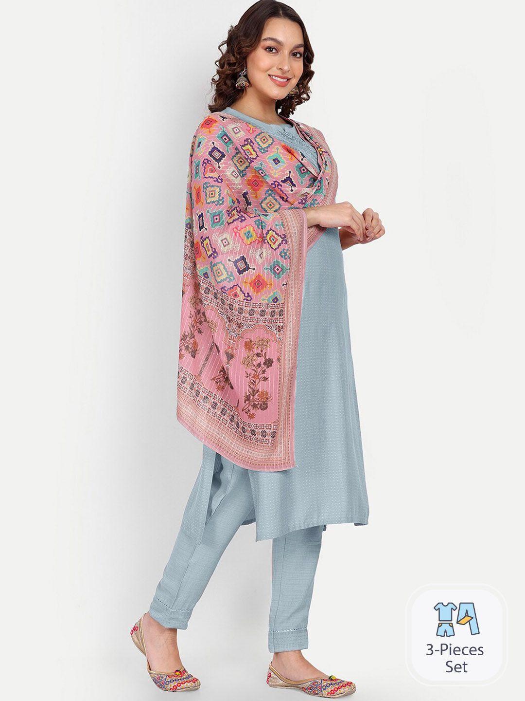 growish woven design mirror work kurta & trousers with dupatta