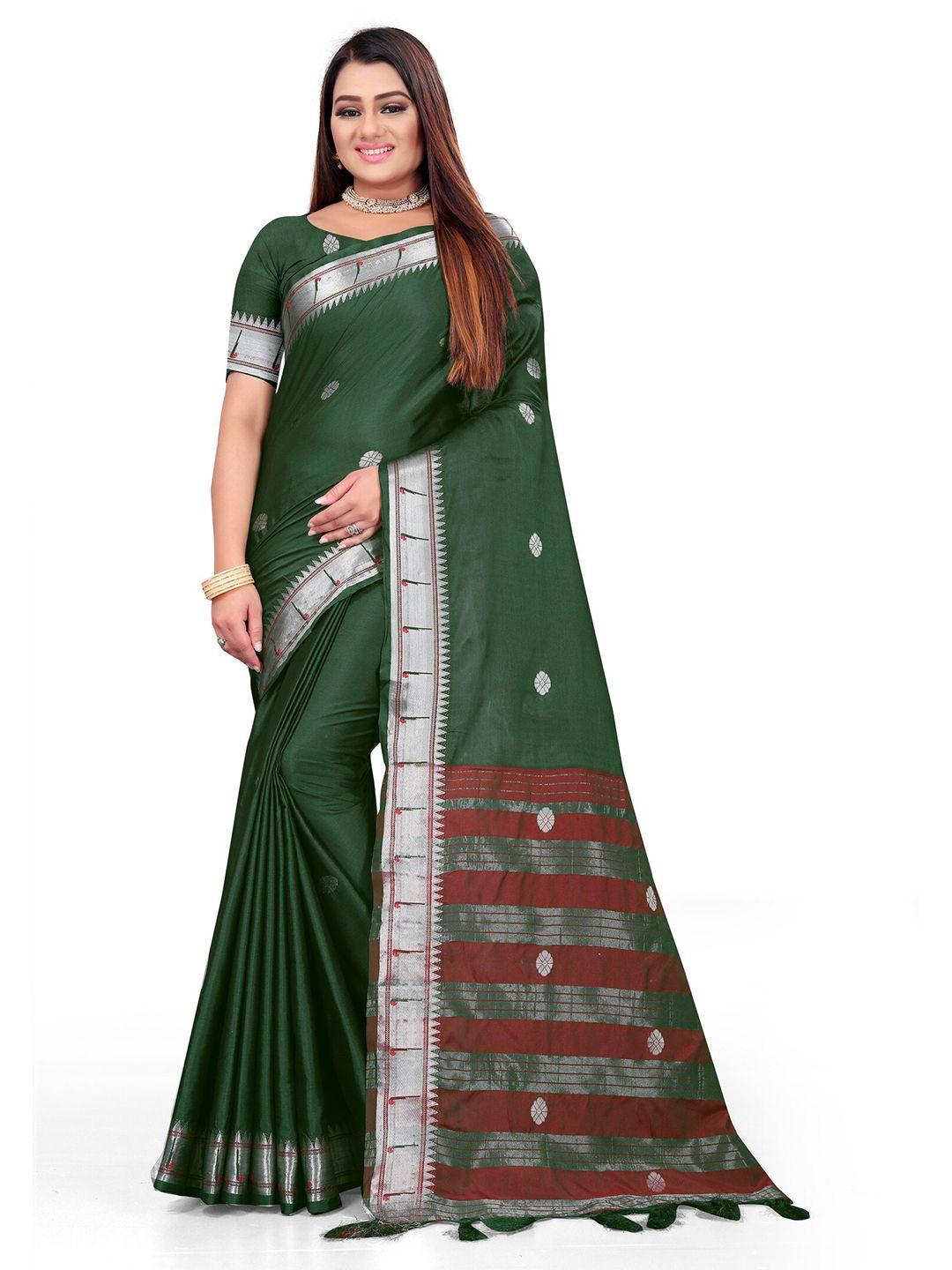 grubstaker green woven design zari pure cotton kanjeevaram saree