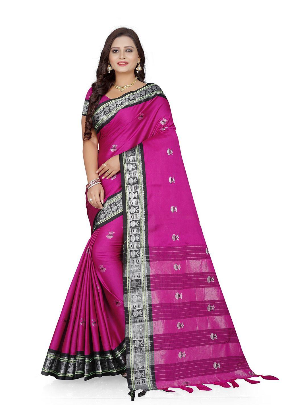 grubstaker pink & black woven design zari pure cotton kanjeevaram saree