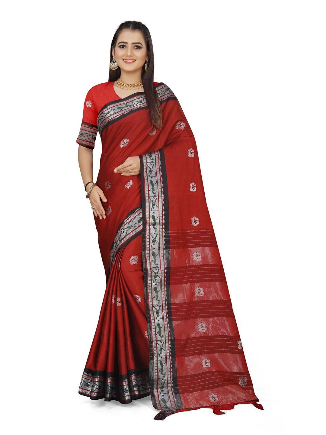 grubstaker red & blue woven design zari pure cotton kanjeevaram saree