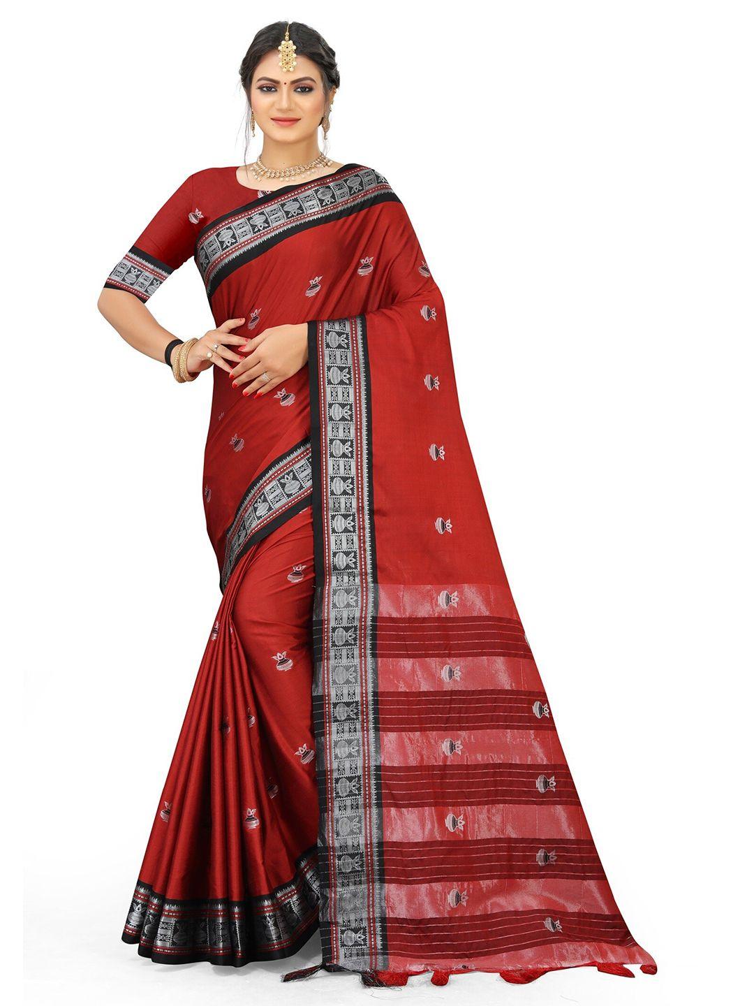 grubstaker red & silver-toned  zari pure cotton kanjeevaram saree