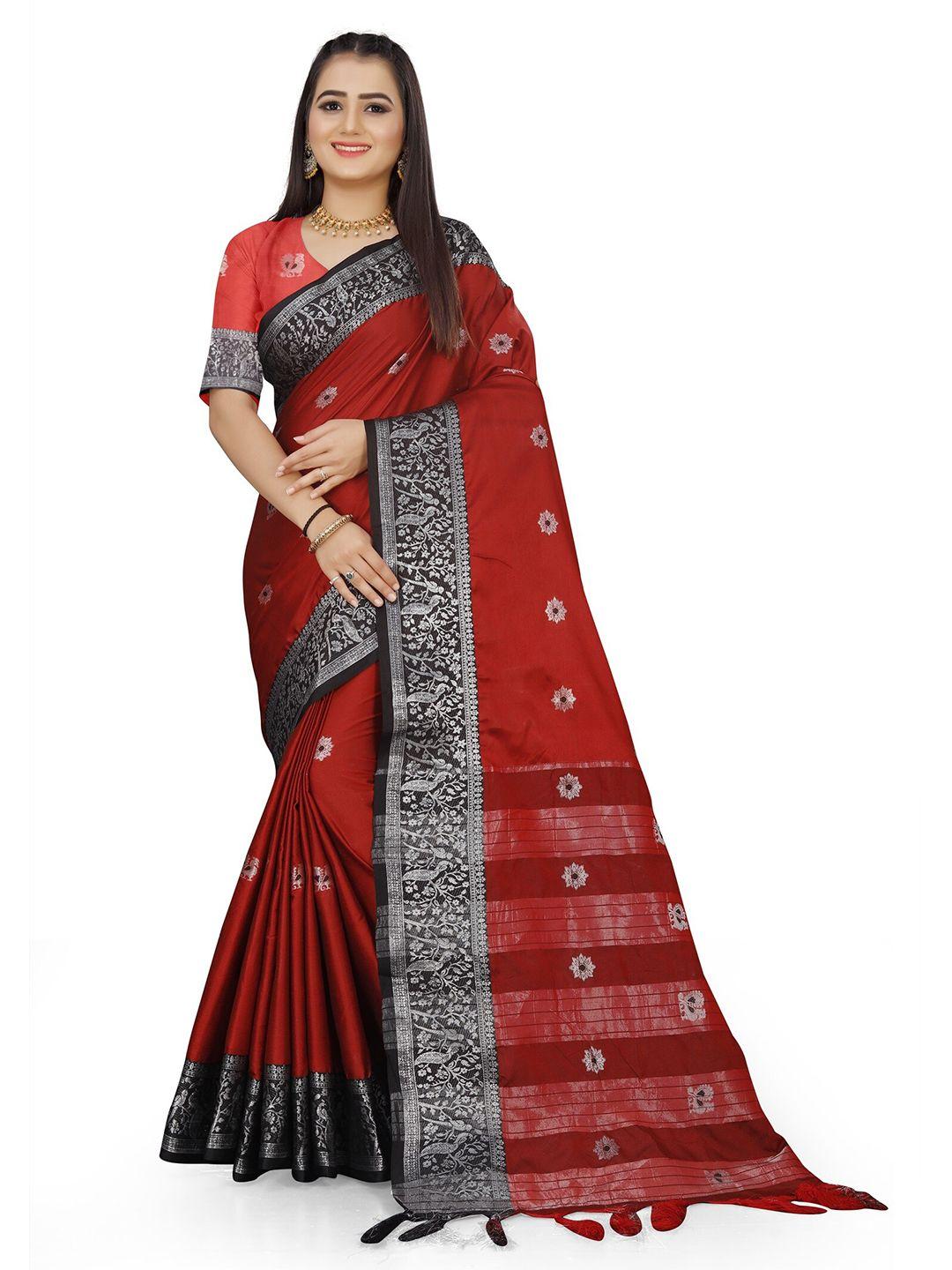 grubstaker red & black zari pure cotton kanjeevaram saree