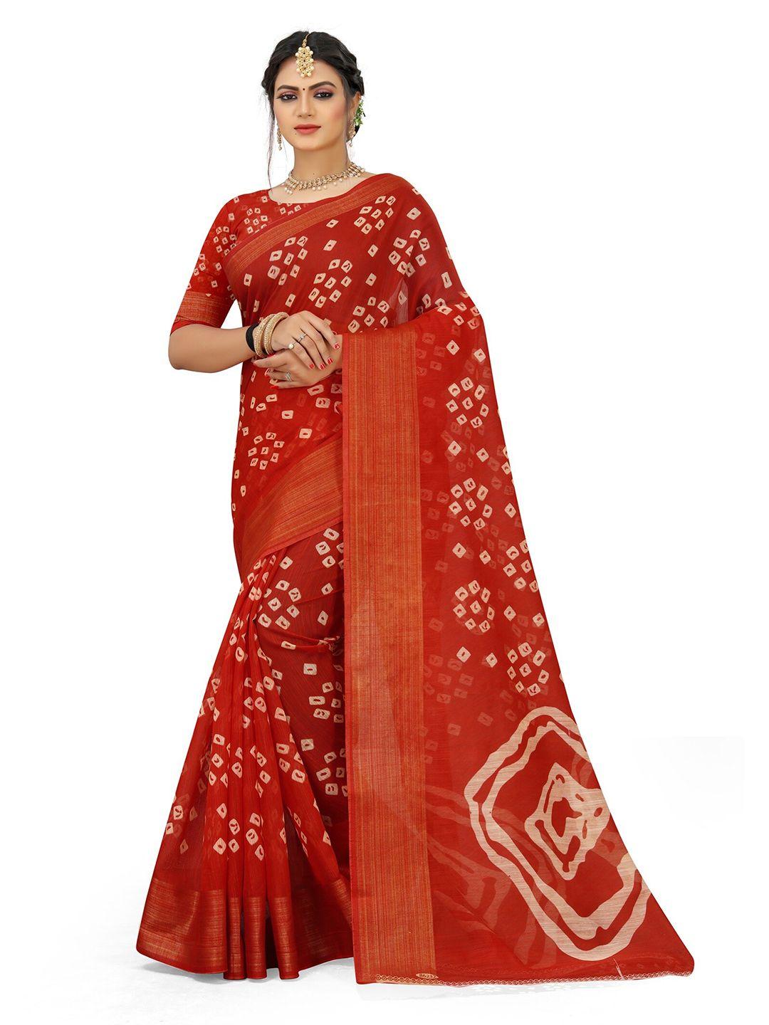 grubstaker red & white bandhani zari art silk  saree